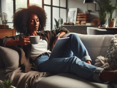 black female entrepreneur in a cozy, contemporary living room, drinking coffee, using a tablet.