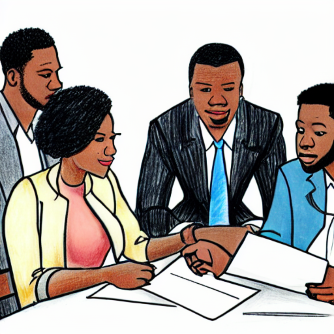 Drawing of Black business peole standing and sitting around a table.